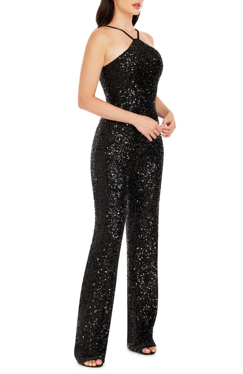 Dress the Population Darian Sequin Halter Jumpsuit, Alternate, color, Jet Black