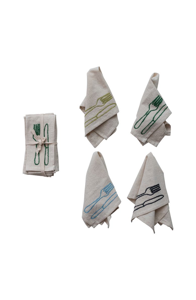 Storied Home 4-Piece Square Cotton and Linen Embroidered Napkins with Utensils, Natural, Main, color, Tan