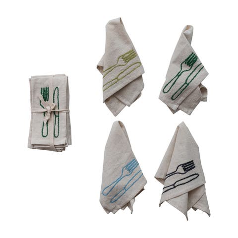 4-Piece Square Cotton and Linen Embroidered Napkins with Utensils, Natural