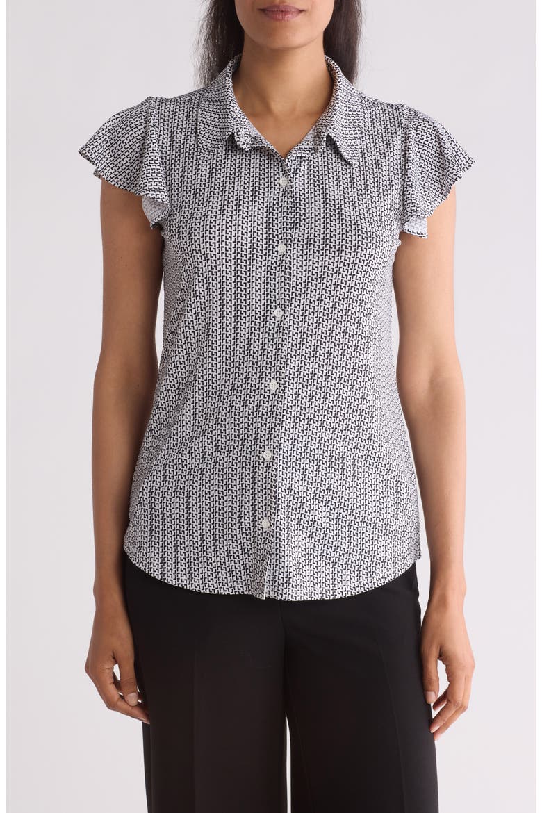 Flutter Sleeve Button-Up Shirt, Main, color, IVORY/ BLACK GAMMA GEO