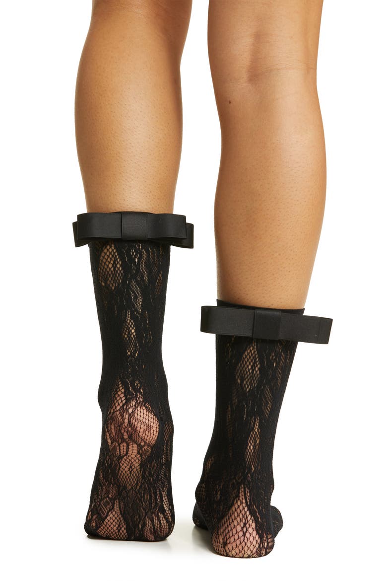 Coco Bow Lace Crew Socks, Alternate, color, BLACK