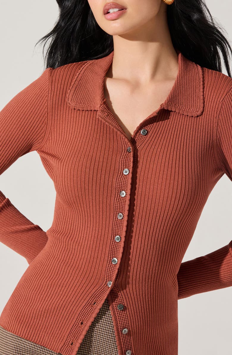 ASTR the Label Keren Rib Polo Cardigan, Alternate, color, Rust
