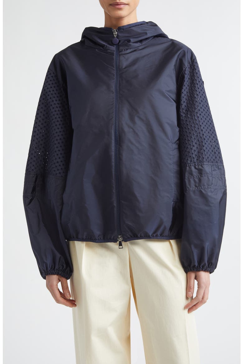 Zelkova Eyelet Trim Hooded Rain Jacket, Main, color, NAVY BLUE