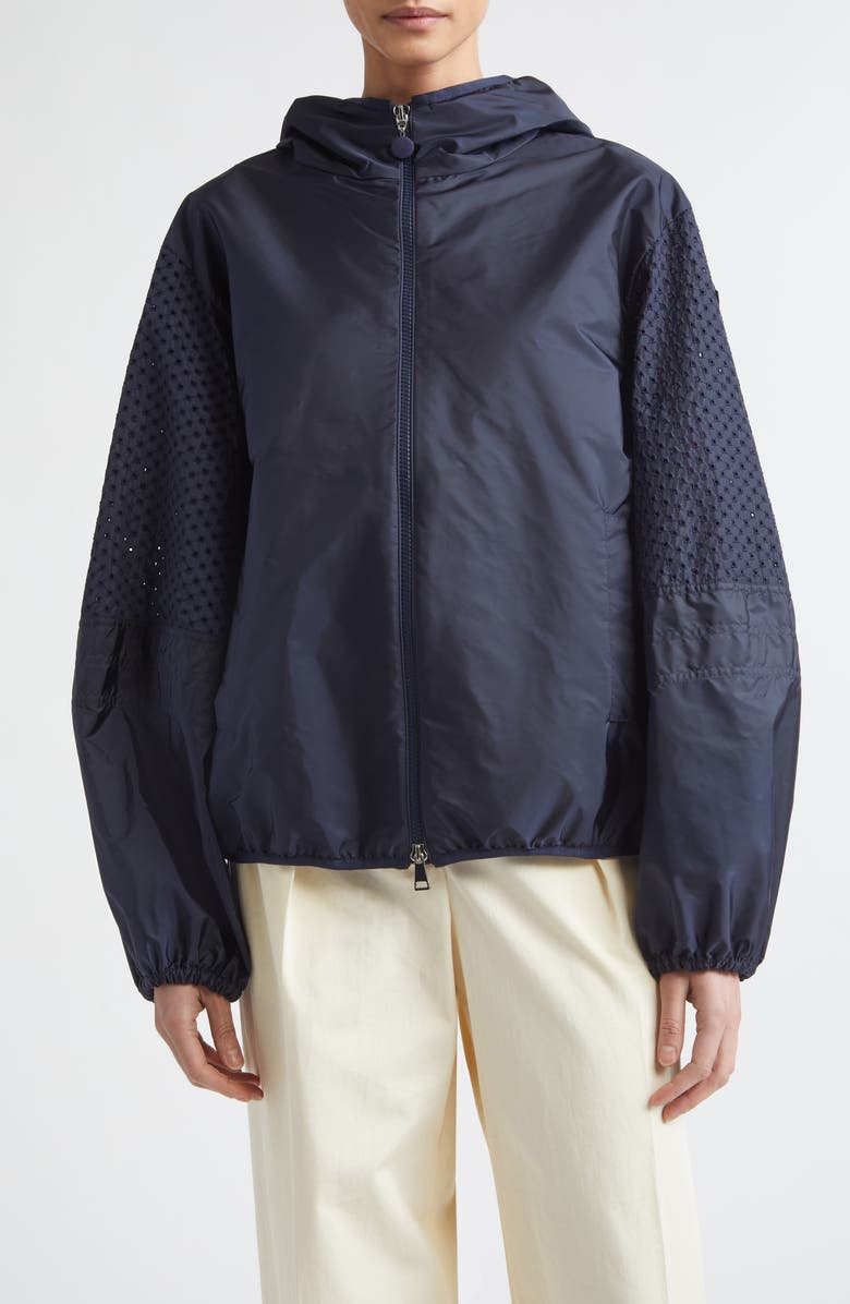Moncler Zelkova Eyelet Trim Hooded Rain Jacket, Main, color, Navy Blue