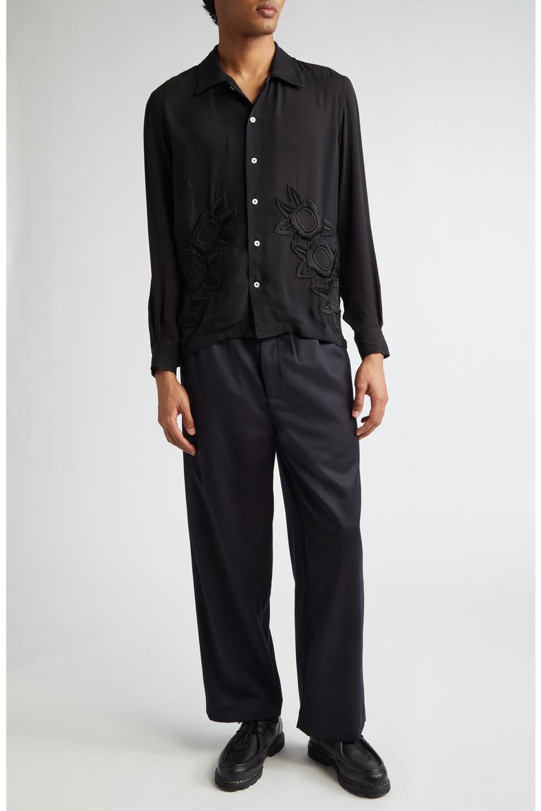 Midnight Daffodil Long Sleeve Silk Button-Up Shirt, Alternate, color, BLACK