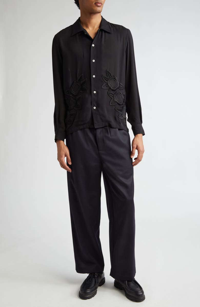 Bode Midnight Daffodil Long Sleeve Silk Button-Up Shirt, Alternate, color, Black