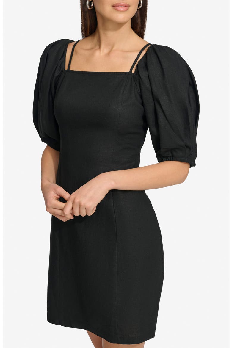 Puff Sleeve Linen Blend Sheath Dress, Alternate, color, BLACK