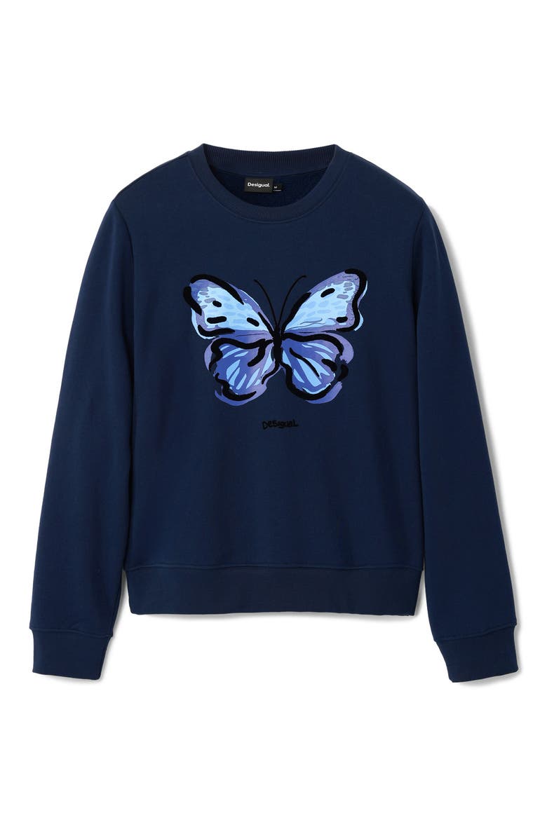 Butterfly Crewneck Cotton Sweatshirt, Alternate, color, BLUE