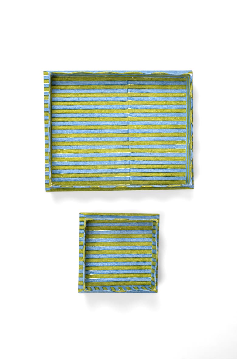 Inner Child Nesting Scalloped Stripe Blockprint Tray, Alternate, color, Green Blue - Small
