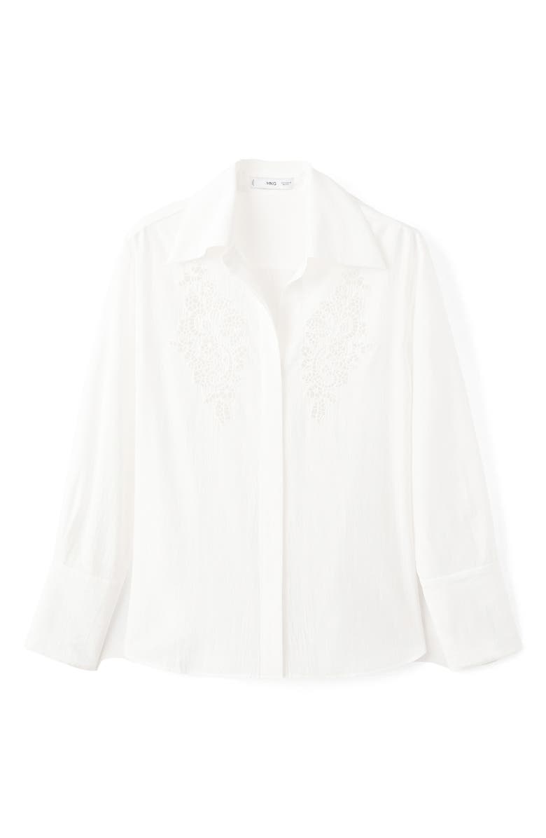 MANGO Embroidered Lace Inset Button-Up Shirt, Alternate, color, Off White