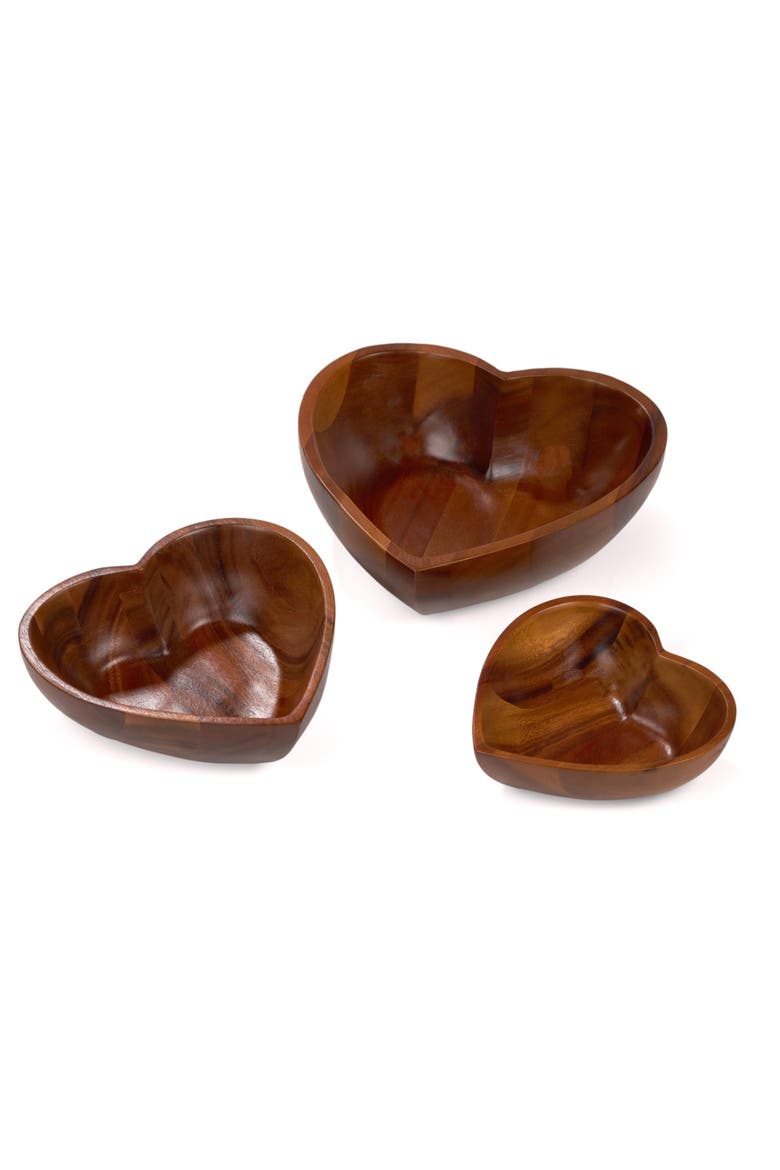 Eat Your Heart Set of Three Acacia Wood Nesting Bowls, Alternate, color, BROWN
