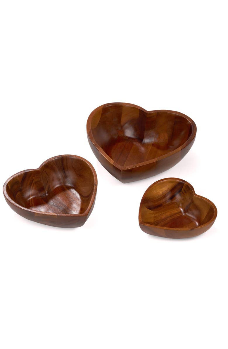 Nambé Eat Your Heart Set of Three Acacia Wood Nesting Bowls, Alternate, color, Brown