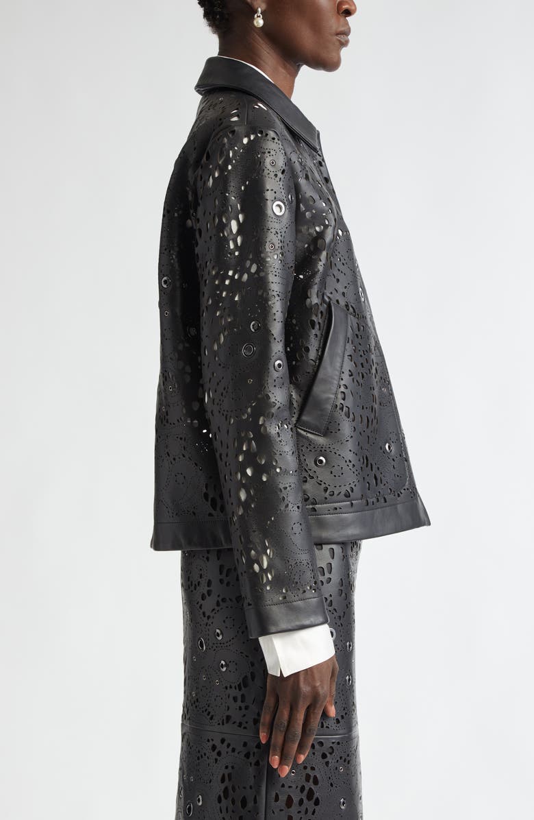 ST. JOHN Grommet Embellished Laser Cut Leather Jacket, Alternate, color, 