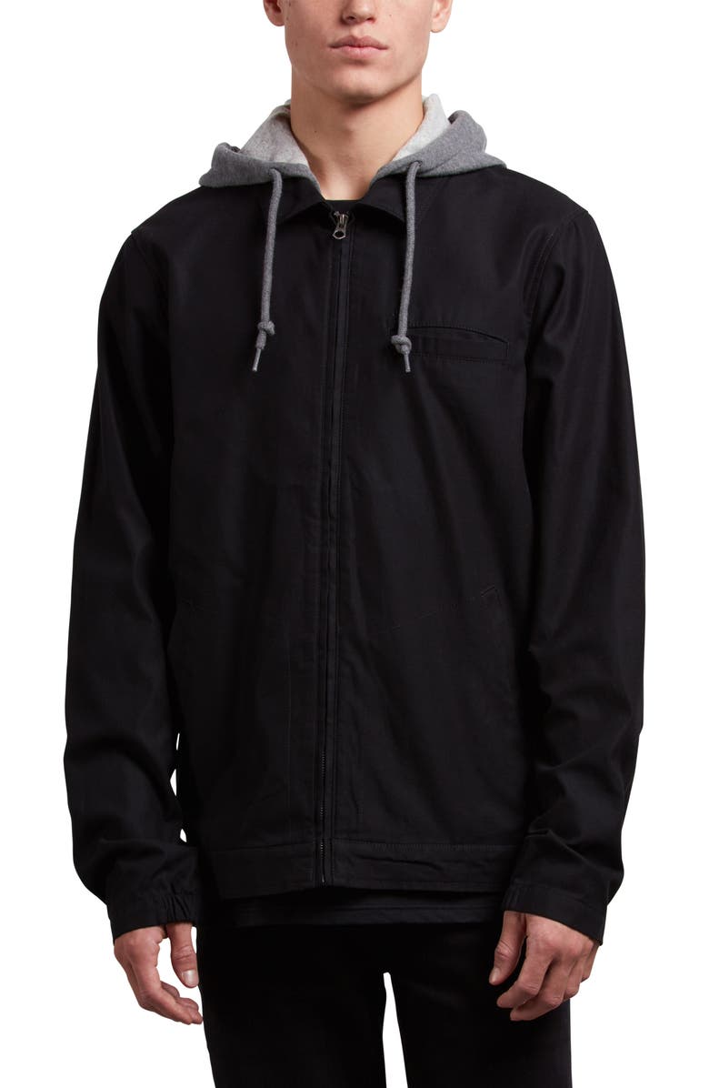 Volcom Warren Twill Jacket with Fleece Hood, Main, color, 