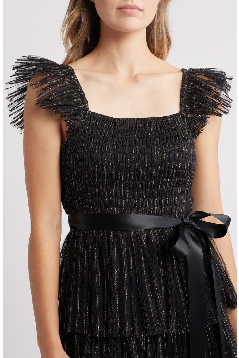 Pleated Tiered Metallic Dress, Alternate, color, BLACK GOLD