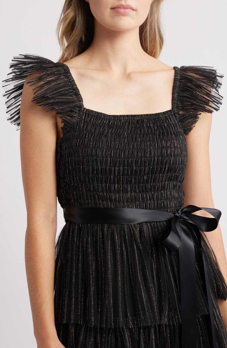 Tahari ASL Pleated Tiered Metallic Dress, Alternate, color, Black Gold