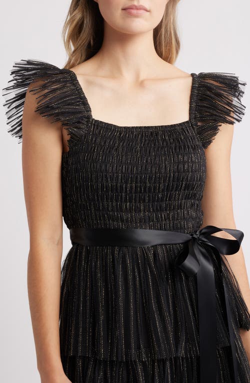 Tahari Asl Pleated Tiered Metallic Dress In Black Gold