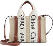 Chloé Small Woody Logo Strap Linen Tote