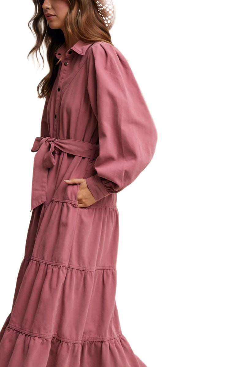 Knit and Lounge Rose Tiered Belted Button Down Maxi Shirt Dress, Alternate, color, Rose
