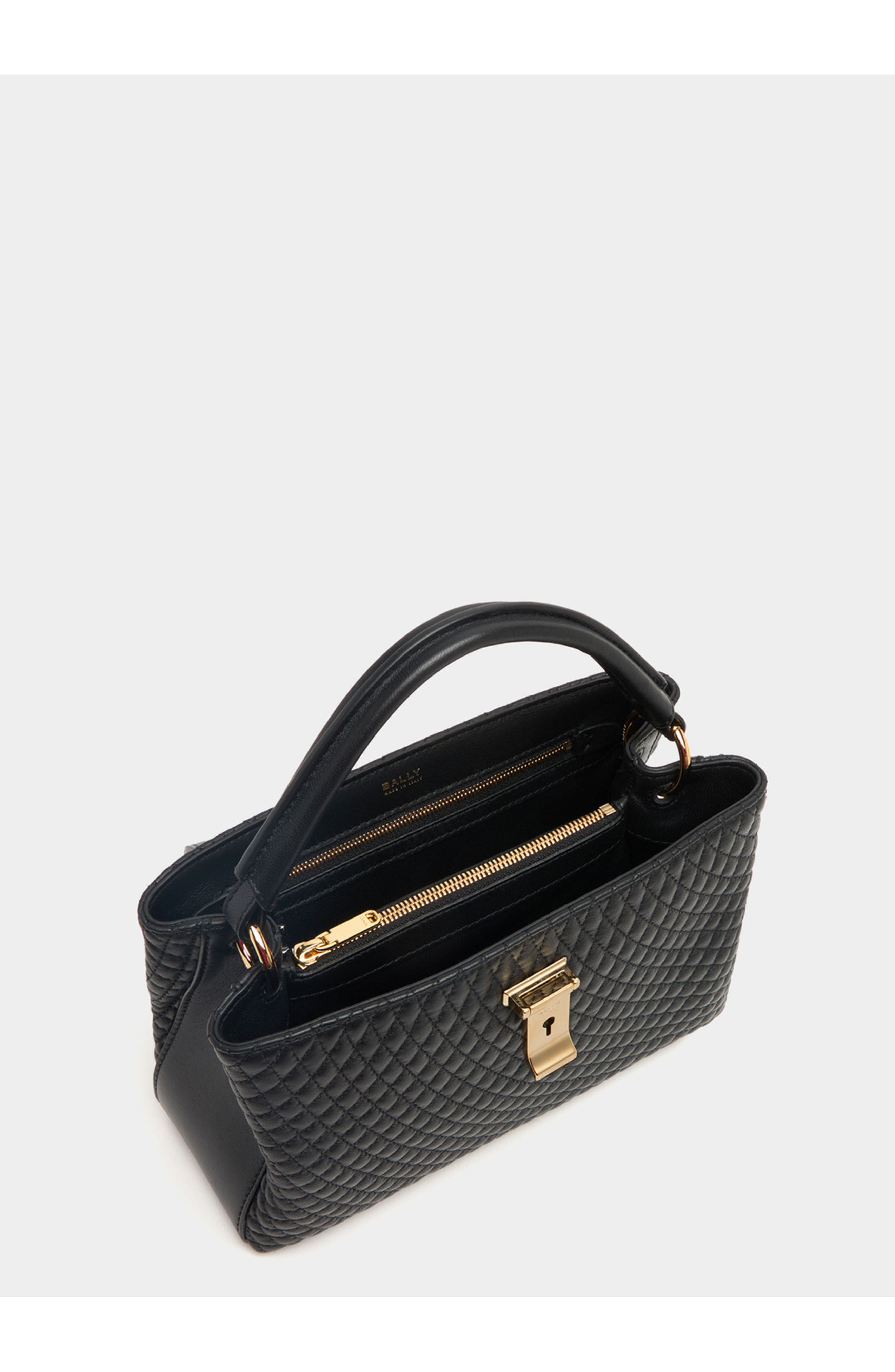 Bally Lock Me Small Top Handle Bag In Quilted Leather, Alternate, color, Black