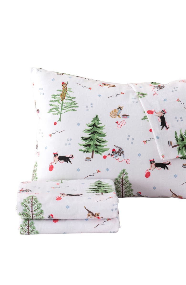 Woven & Weft Turkish Cotton Flannel Holiday Sheet Set, Alternate, color, Winter Cats
