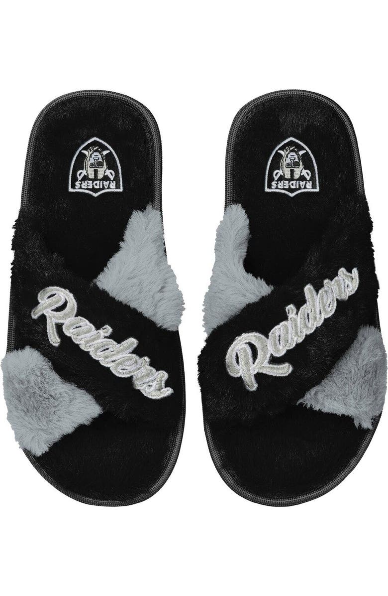 FOCO Women's FOCO Black Las Vegas Raiders Two-Tone Crossover Faux Fur Slide Slippers, Alternate, color,