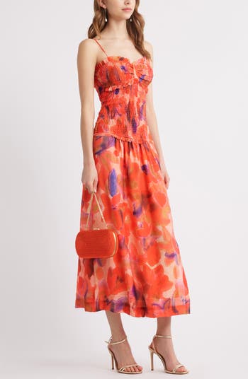 Smocked Drop Waist Midi Dress