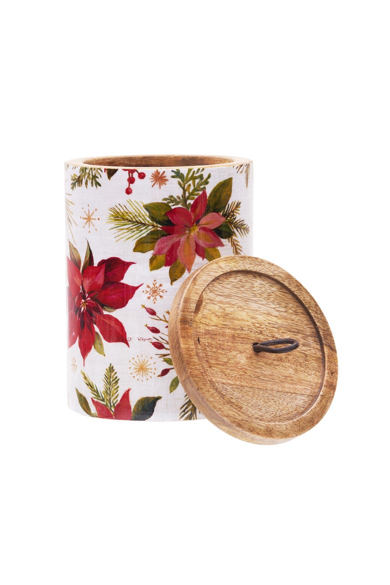 Poinsettia Xmas Mango Wood Canister Lg, Alternate, color, Red