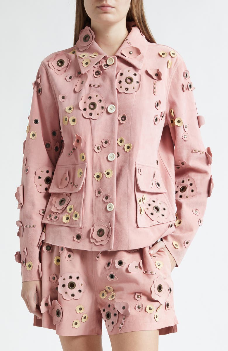 Marni Floral Appliqué Suede Cargo Jacket, Main, color, 00C20quartz