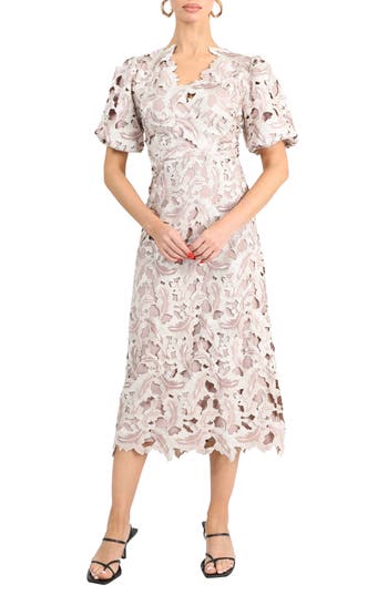 Adelyn Rae Chantelle Scallop Lace Midi Dress In Champagne/mauve
