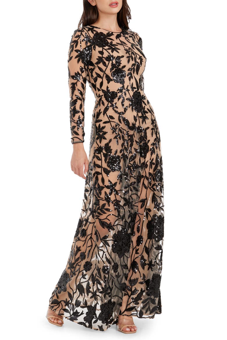 Ava Sequin Floral Embroidered Long Sleeve Gown, Alternate, color, BLACK- BEIGE