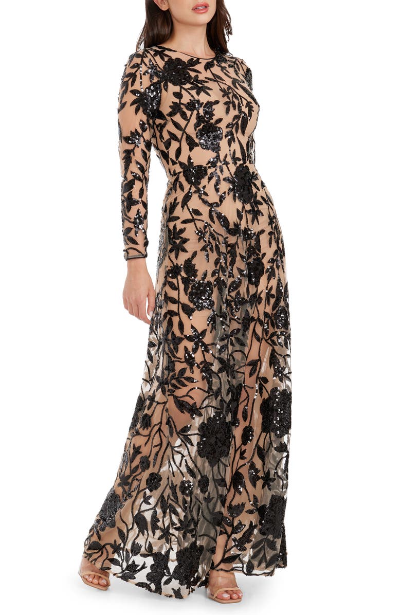 Dress the Population Ava Sequin Floral Embroidered Long Sleeve Gown, Alternate, color, Black- Beige