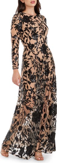 Ava Sequin Floral Embroidered Long Sleeve Gown