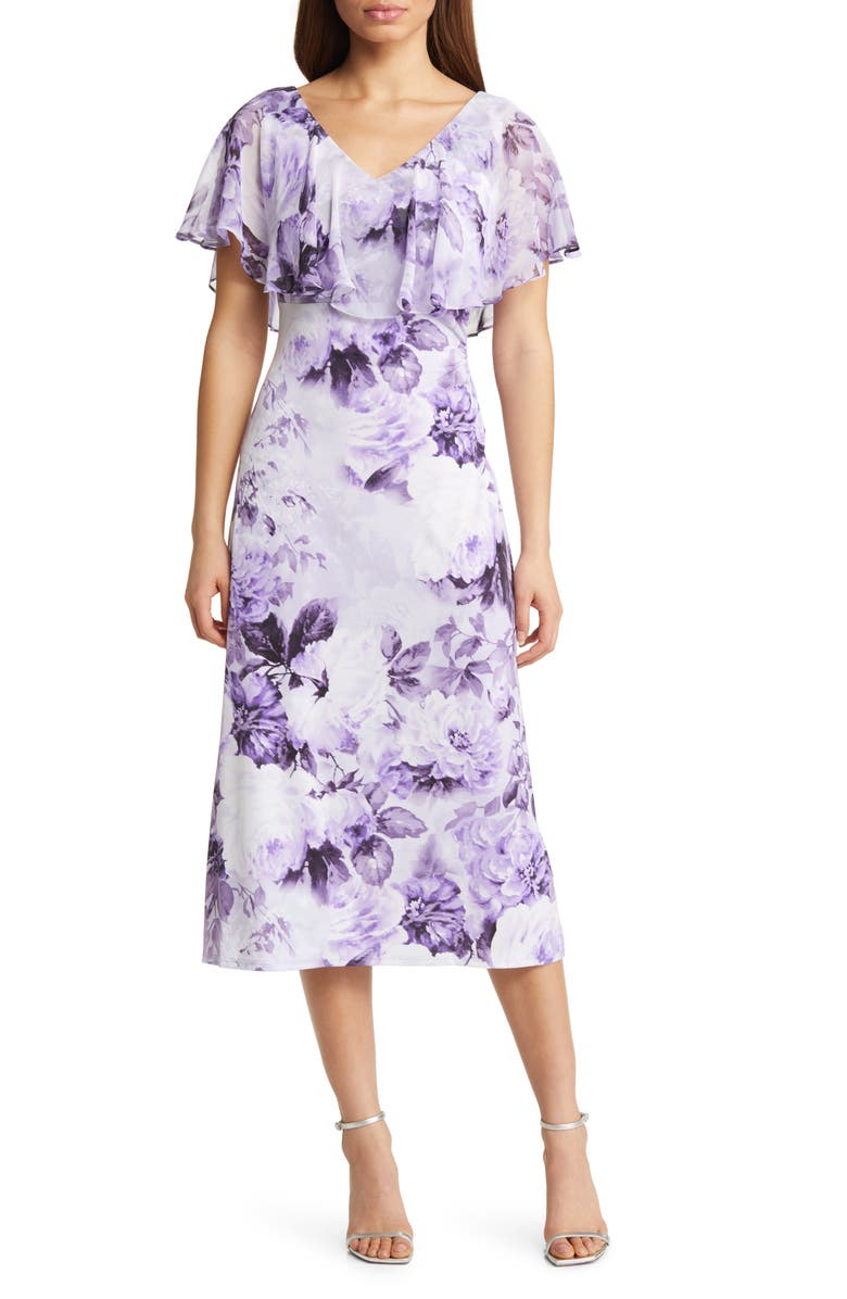 Connected Apparel Floral Ruffle Cape Midi Dress, Main, color, 