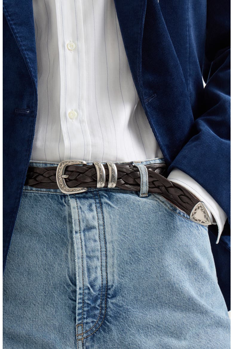 Braided calfskin belt with detailed buckle and tip, Alternate, color, Brown
