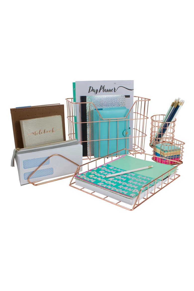 Copper Wire Metal Desk Organizer 5-Piece Set, Alternate, color, COPPER