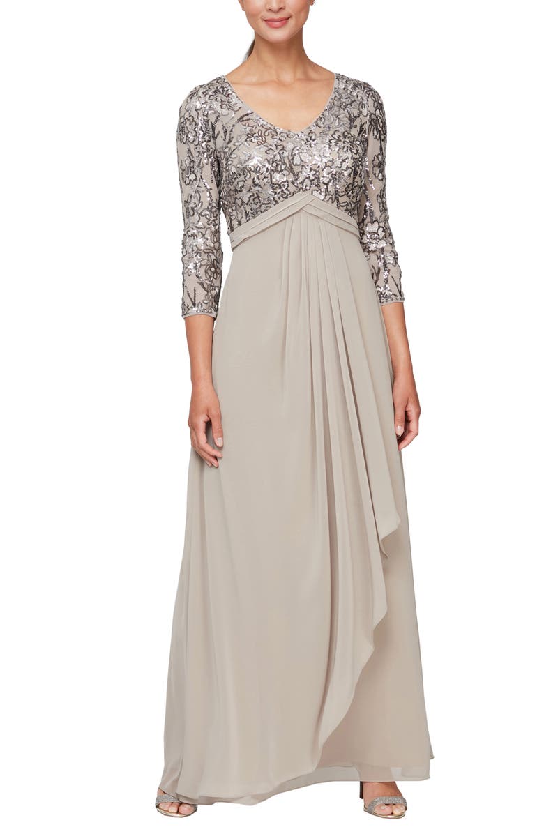 Alex Evenings Sequin Three-Quarter Sleeve Evening Gown, Main, color, 