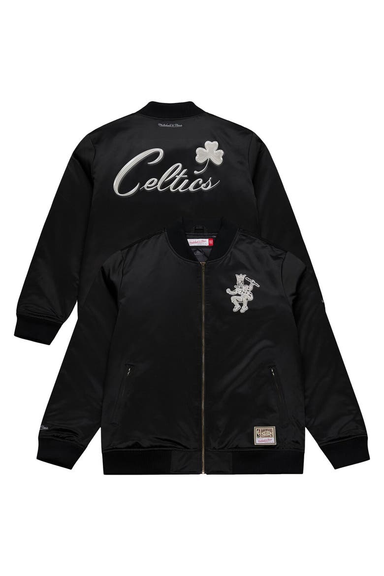 Men's Mitchell & Ness Black Boston Celtics Chrome Satin Bomber Full-Zip Jacket, Main, color, Black
