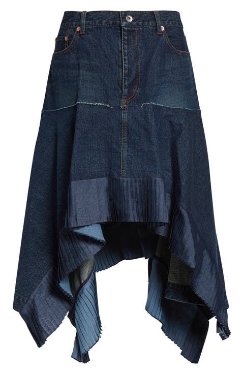 Mixed Media Asymmetric Satin & Denim Midi Skirt