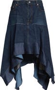 Sacai Mixed Media Asymmetric Satin & Denim Midi Skirt
