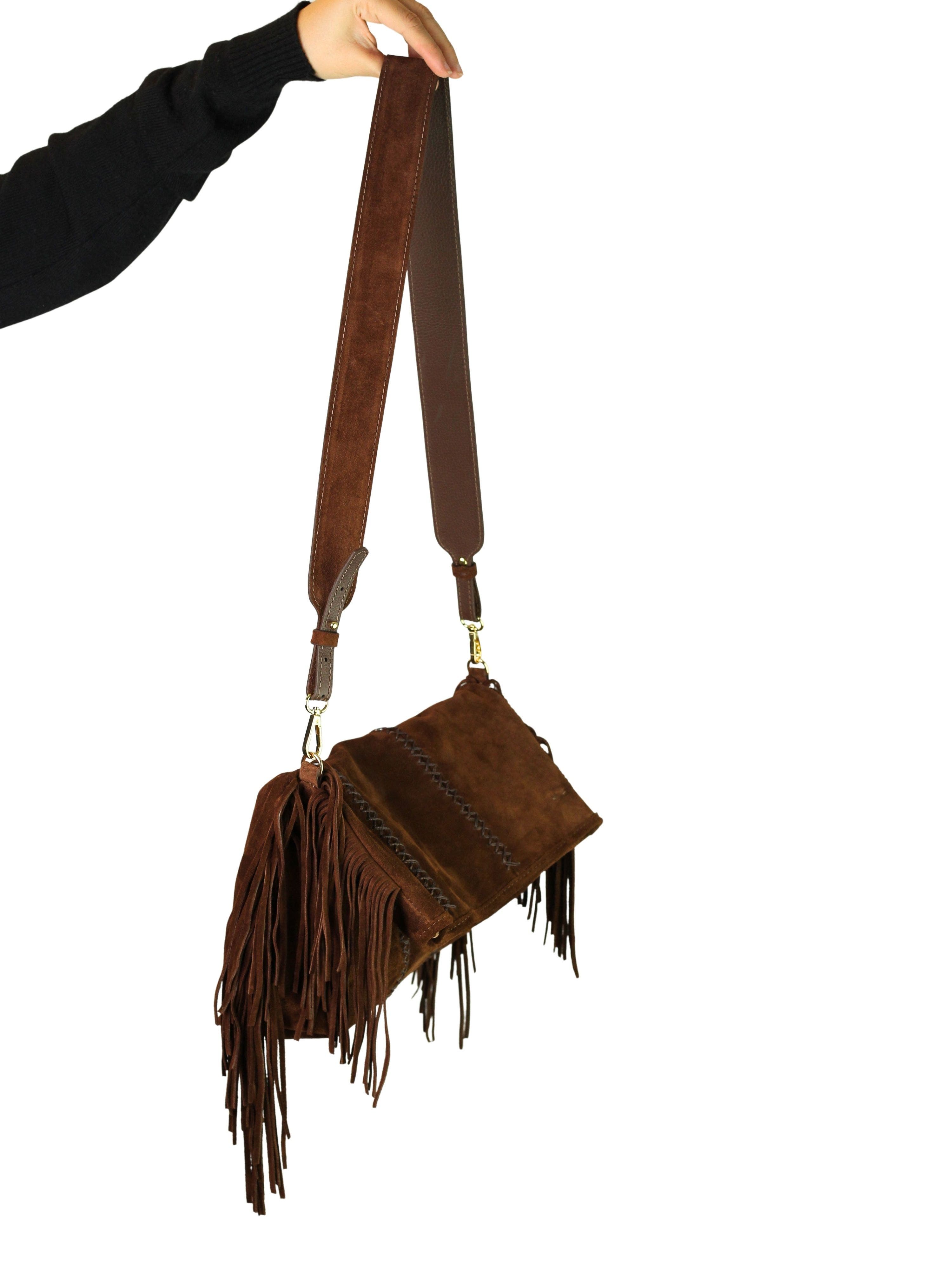 Carlos Falchi Large Fringe Suede Crossbody Messenger, Alternate, color, Cocoa