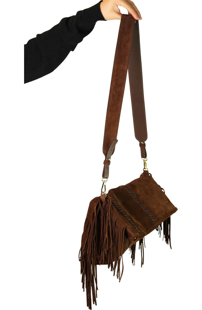Carlos Falchi Large Fringe Suede Crossbody Messenger, Alternate, color, Cocoa