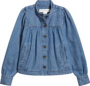 Treasure & Bond Gathered High Neck Denim Jacket