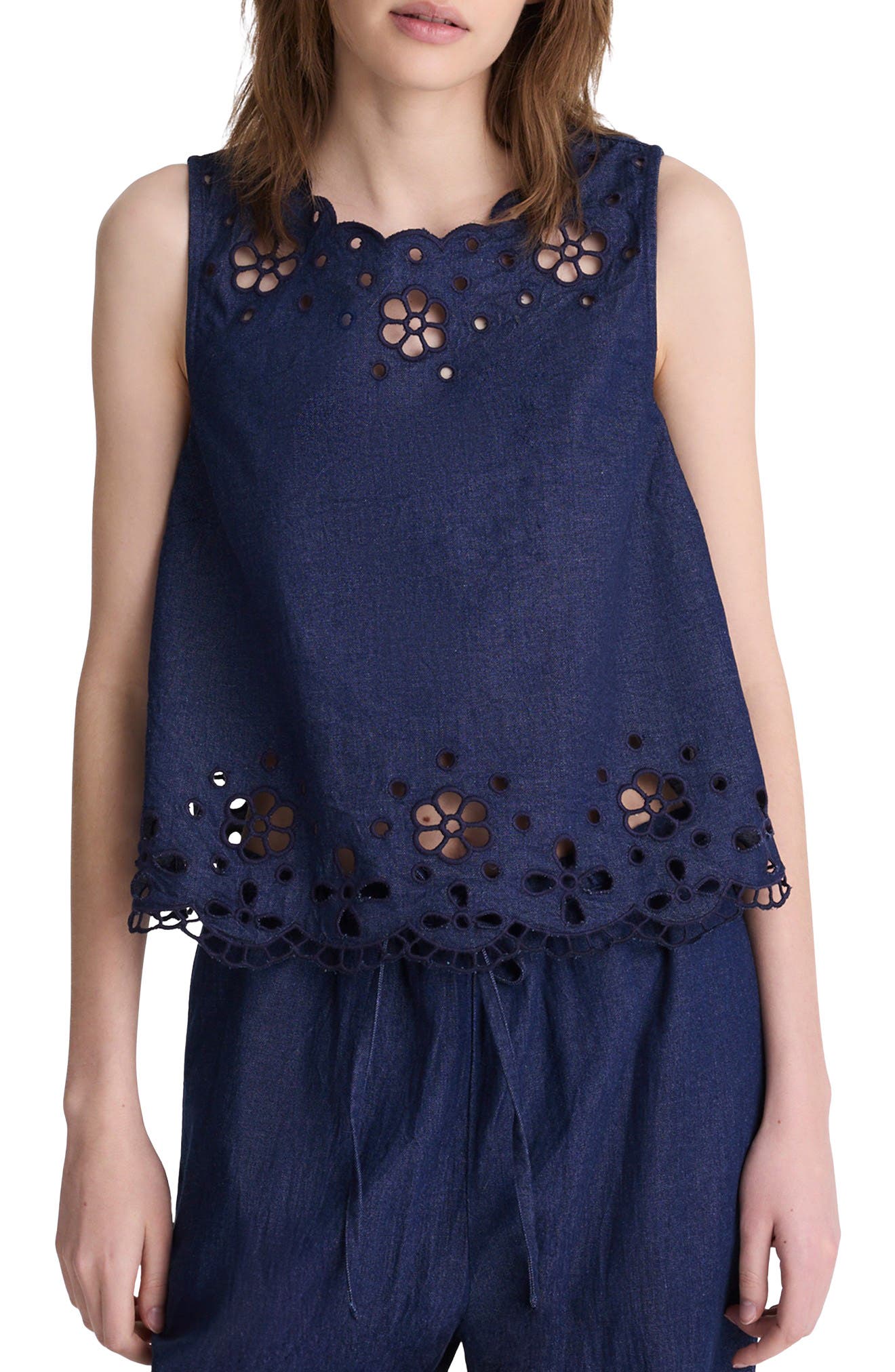 Embroidered Sleeveless Denim Shell Top