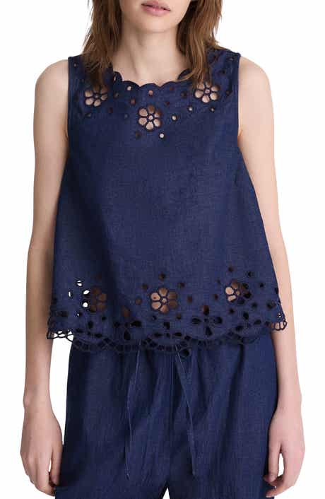 Embroidered Sleeveless Denim Shell Top