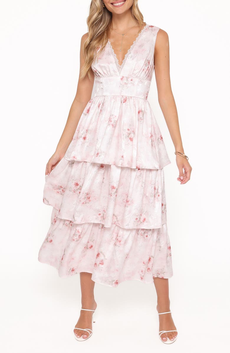 Petal & Pup Natasha Sleeveless Tiered Ruffle Maxi Dress, Main, color, White Pink Floral