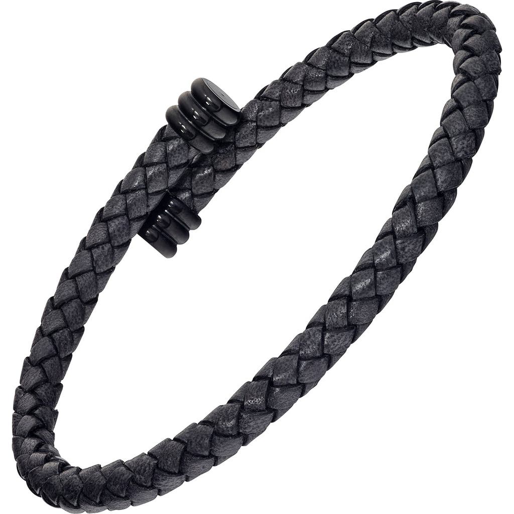 Link Up Flexible Braided Leather Bracelet With Stainless Steel End Caps In Black