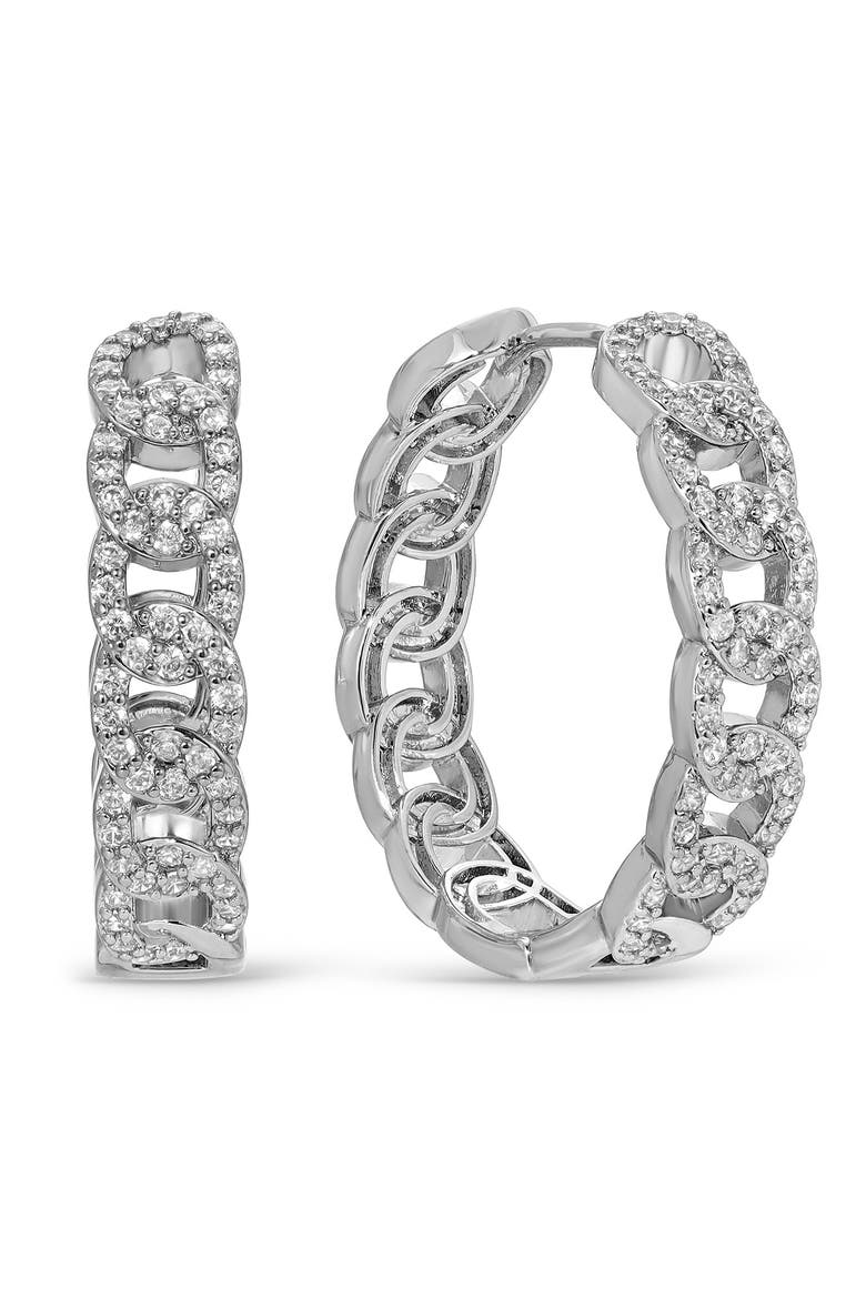 Calista Cubic Zirconia Cuban Link Hoop Earrings, Main, color, SILVER