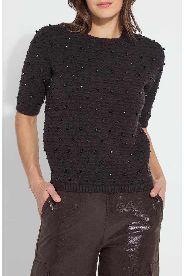 Valentina Imitation Pearl Short Sleeve Sweater, Main, color, BLACK