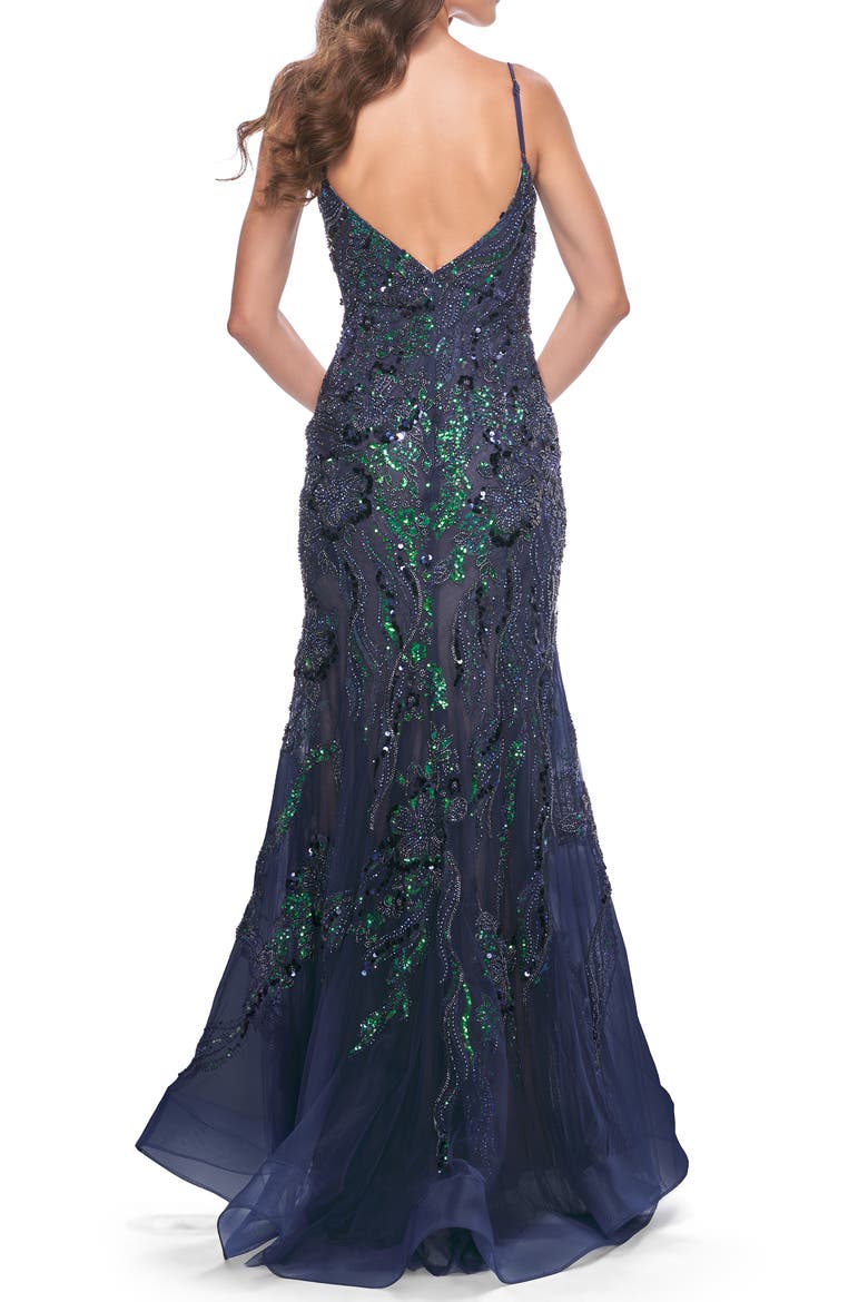 Mermaid Sequin and Beaded Embellished Prom Dress, Alternate, color, Navy